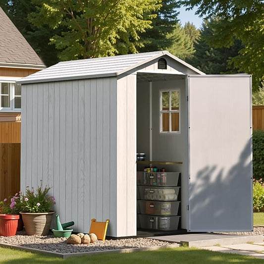 Patiowell 4 x 6 Resin Storage Shed, Outdoor Plastic Garden Shed with Lockable Door & Window, Easy Assembly Tool Shed for Backyard, Light Gray