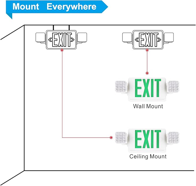 SPECTSUN 4 Packs Led Green Exit Sign with Emergency Lights, LED Emergency Exit Light with Battery Backup, UL Listed, AC 120/277V, Commercial Emergency Lights Combo for Business.