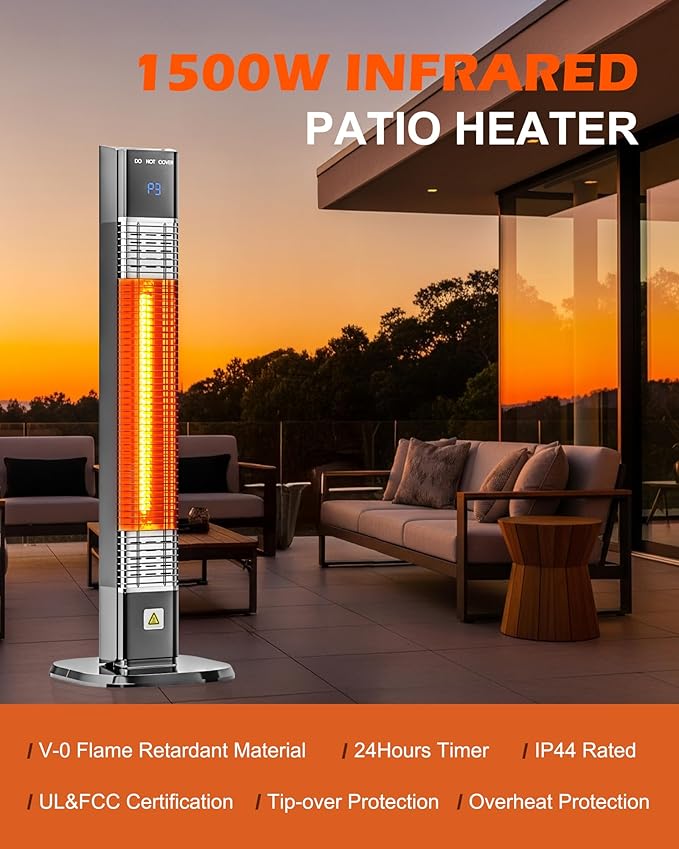MEPTY Outdoor Heaters for Patio Use, Infrared Electric Heater with Remote&Touch Control, 24H Timer,3 Heat Settings, Quiet,Overheat&Tip-Over Protection for Porch,Deck,Backyard,Balcony