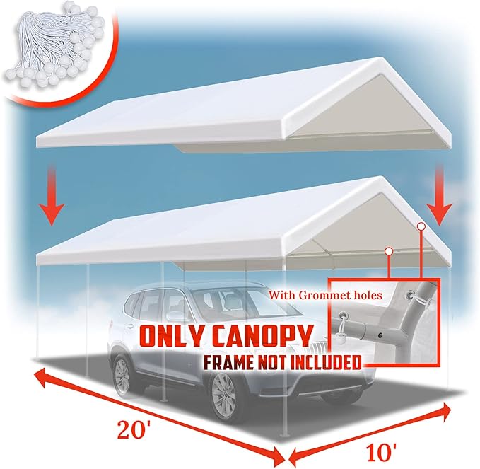 YardGrow 10x20 FT Carport Replacement Canopy Cover Garage Shelter Outdoor Carport Canopy Top Tent Shelter Tarp, Canopy ONLY (White)