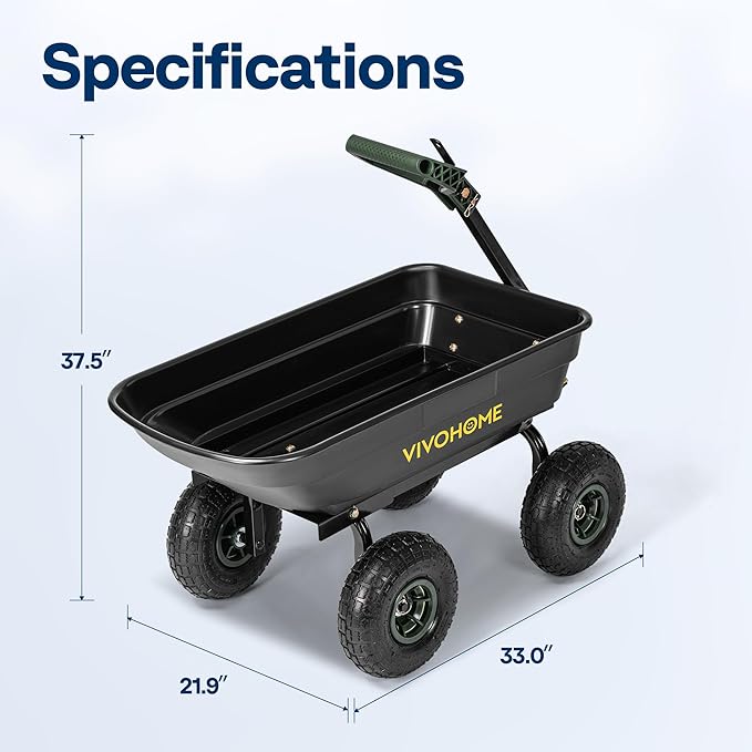 VIVOHOME 4 Cu.Ft 660lbs Wheelbarrow Garden Cart Dump Wagon with 2-in-1 Convertible Handle Attach to ATV or Tractor, 10" All Terrain Wheels, Quick Release System, Heavy Duty Utility Trailer for Yard