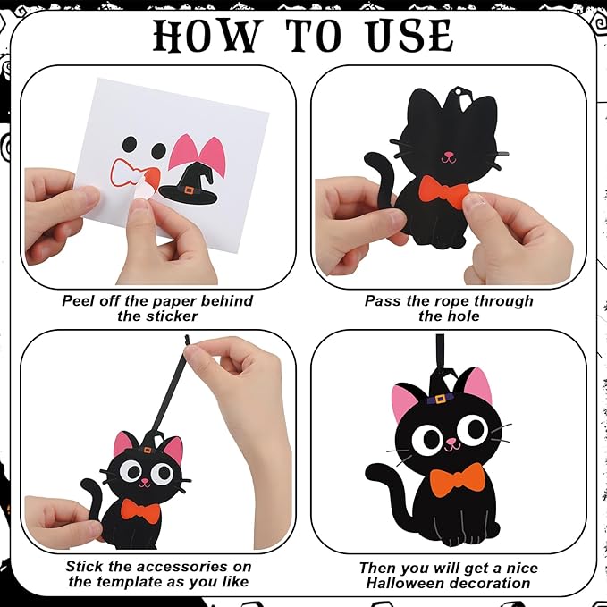 Yexiya 24 Sets Halloween Craft Kits Black Cat Crafts DIY Hanging Ornaments with Sticker and Ribbon Pumpkin Moon Corn Paper Hanging Decor for Halloween Party Decoration
