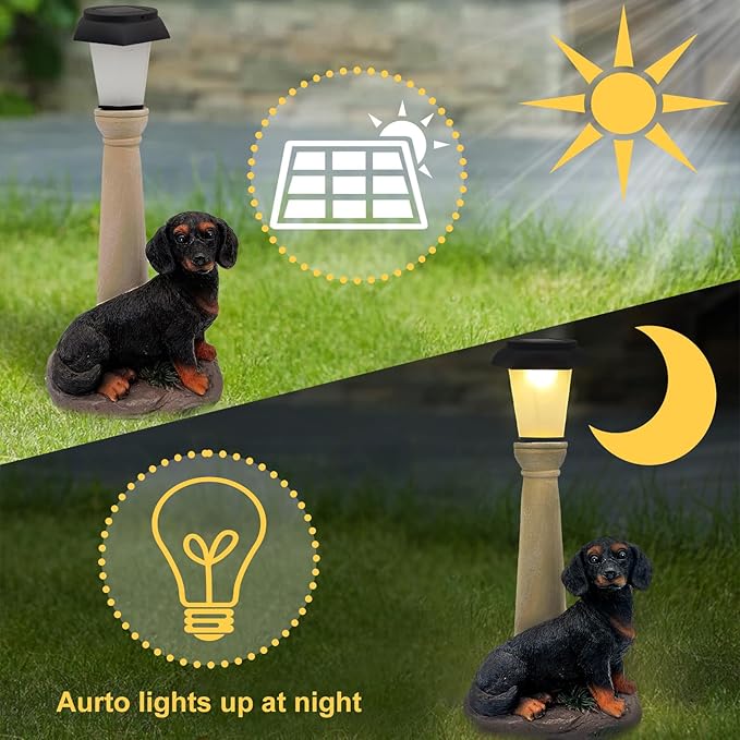 BAYN Solar Dog Garden Statues with Lantern, Resin Dachshund Sculpture with Warm White Light for Outside Lawn Porch Patio
