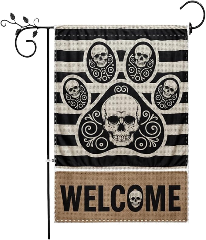 Fokongna Halloween Welcome Garden Flag, Dog Paw Print Skeleton Halloween Decor Garden Flag, 12x18 Inch Burlap Vertical Double Sided Flags, for Home Yard Outside Decorations