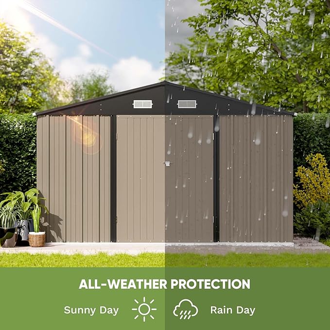 Patiowell 10 x 8 FT Outdoor Storage Shed with Floor Frame, Large Garden Tool Metal Shed with Sloping Roof and Double Lockable Door for Backyard Garden Patio Lawn,Brown