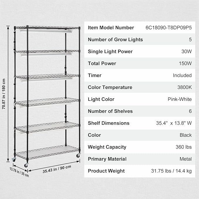 VEVOR Plant Stand with Grow Light, 6-Tier Large Tall Plant Shelf with 150W Full Spectrum Grow Light, Indoor LED Plant Light with Timer and Wheel for Seed Starting 35.4" L x 13.8" W x 70.9" H