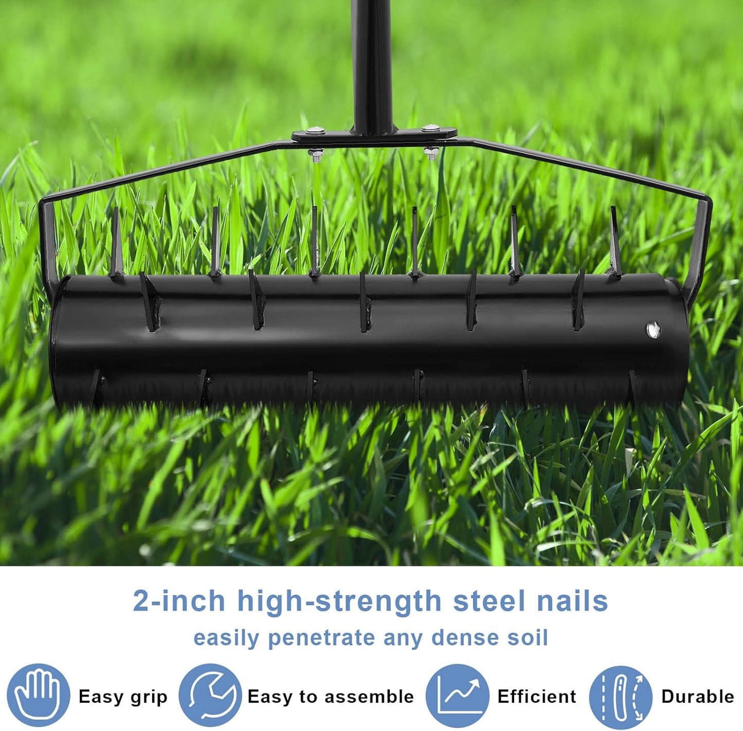 Lasnten Lawn Aerator Tool 16" Manual Rolling Yard Aerator Grass Roller Heavy Duty with 59" Stainless Steel Handle, Gloves, Spike Garden Rotary Push for Backyard Yard