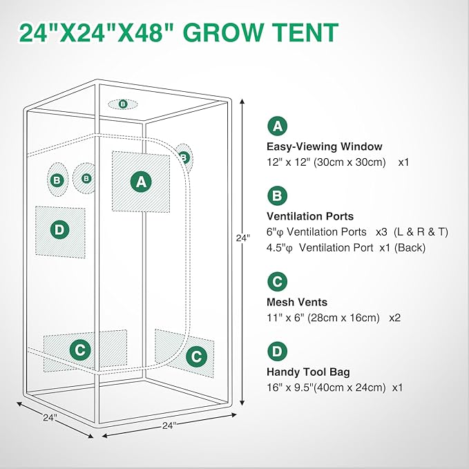 Yesker 2x2 Grow Tent 24"x24"x48" High Reflective Mylar Small Indoor Growing Tents 600D Oxford Cloth with Observation Window and Removable Floor Tray for Hydroponics Indoor Plants Fruit Flower Growing