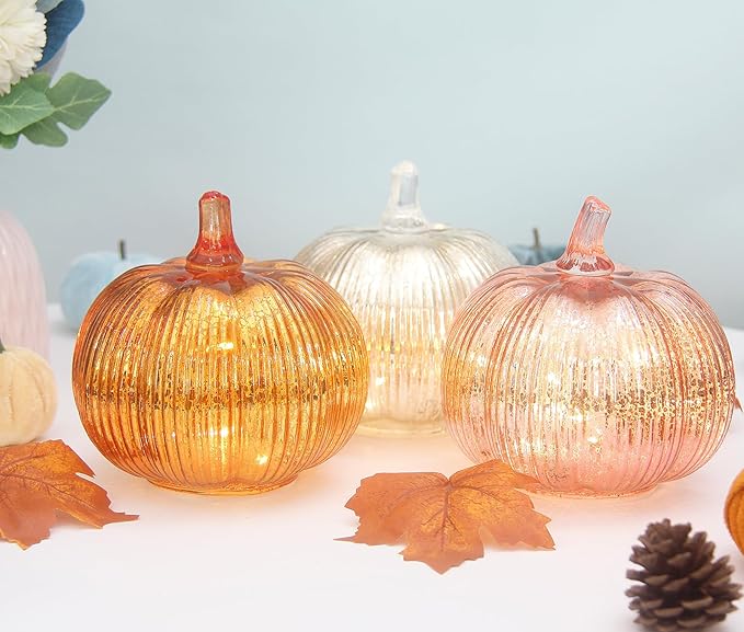 Mercury Glass Pumpkin Lights with Timer, Battery Operated Led Pumpkin Lights for Halloween Fall,Thanksgiving Rustic Decor (Gold Fine-Striped, 6")