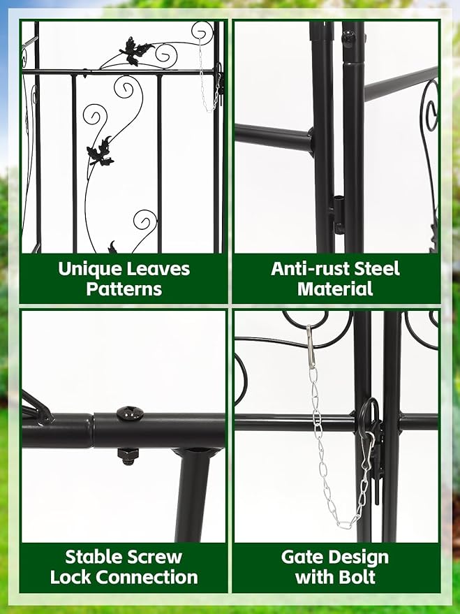 Kalolary Garden Arch with Gate, Heavy Duty Metal Butterfly Garden Arbor for Climbing Plant Metal Raised Bed Rose Vines Climbing Support for Lawn Backyard Patio Outdoor Decoration (91"x45"x15")