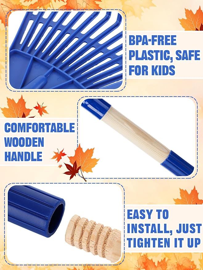 Acostop 2 Pcs Kids Rakes with Wood Handle - 34" Lightweight Plastic Garden Rake for Leaves, Safe to Use Kid Yard Tools for Boys Girls Fall Gardening Gifts (Blue)