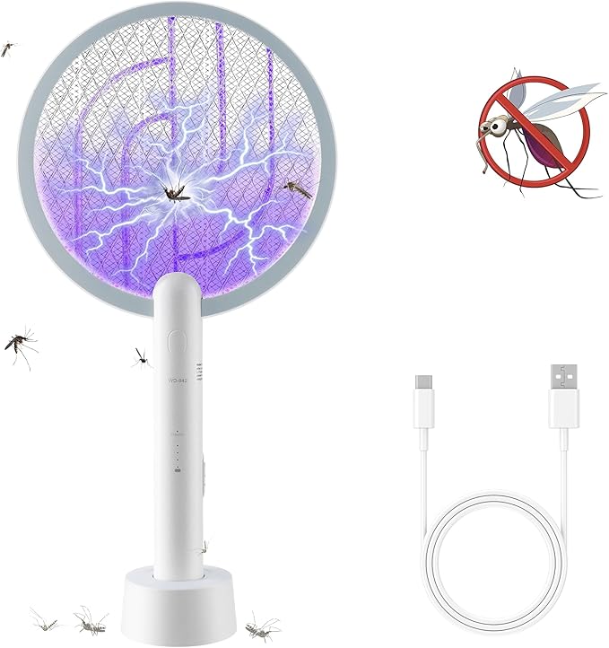 Electric Fly Swatter 3000V Bug Zapper Racket, 1200mAh Rechargeable Raqueta Electrica Mosquitos Hand Held Dual Modes Mosquito Killer with Purple Mosquito Light for Indoor Outdoor - 2Pack
