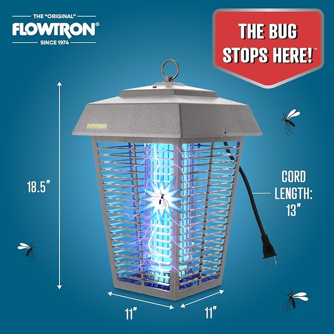 Flowtron Bug Zapper, 1-1/2 Acre of Outdoor Coverage with Powerful 80W Bulb & 5600V Instant Killing Grid, Electric Insect, Fly & Mosquito Zapper, Made in The USA, UL Certified - Grey Color