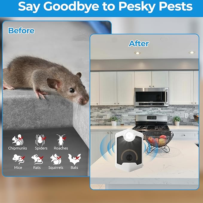 Ultrasonic Pest Repeller, Electronic Repellent Plug-in with Night Light & Flashing, Repel Mice, Rats, Roaches, Ants, Spiders, Mosquitoes, Bugs, for Home, Kitchen, Garage, Office, Warehouse - 2 Pack