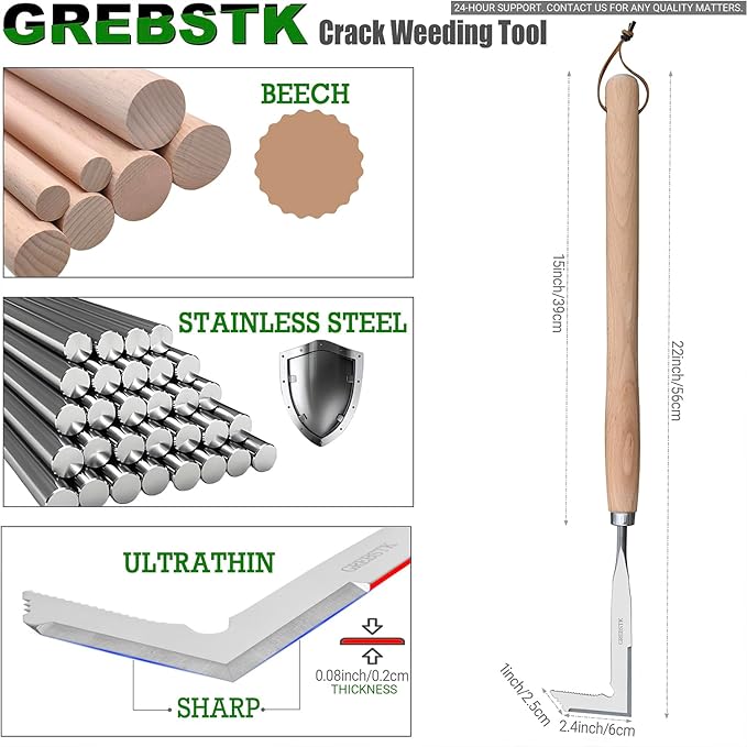 GREBSTK Crack Weeder Crevice Weeding Tool Stainless Steel Manual Weeder Beech Handle Gardening Tool, 22 inch