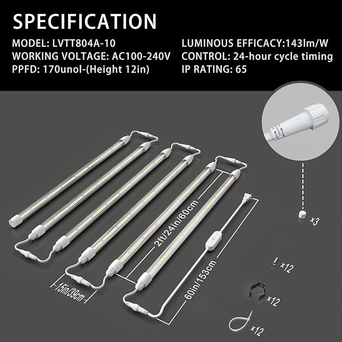 CusomikT8 T5 LED Grow Light Strips 2ft 60W(6x10W, 500W Equivalent) Full Spectrum, IP65 Waterproof Indoor Outdoor Plant Grow Lights for Greenhouse Shelves Wired Timing Switch, Plug Play 6-Pack