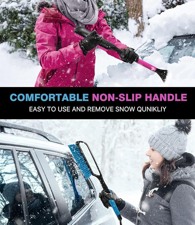 YeewayVeh 35 inch Snow Brush and Ice Scraper, 2 Pack Extendable Car Snow Scraper and Brush with Soft Grip & Additional Handhold, Scratch-Free Windshield Scraper for Ice and Snow, Magenta & Lake Blue