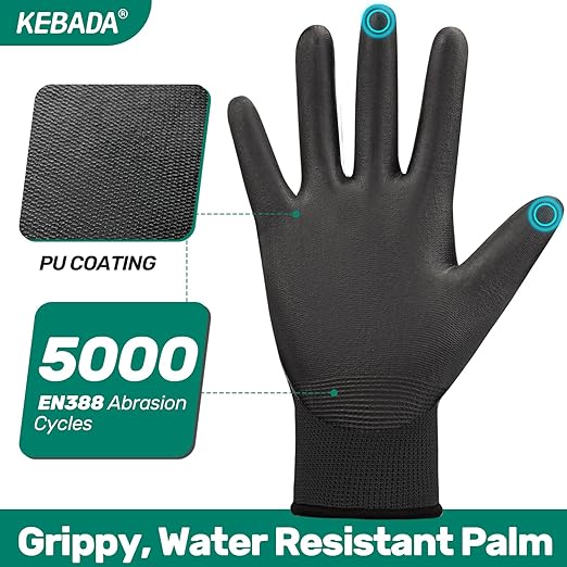 Kebada W1 Work Gloves for Men and Women, PU Coated Safety Gloves with Grip, Touchscreen, Ideal for Warehouse Package Handling, Construction, Gardening, Black Large