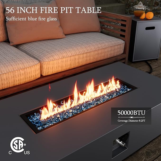 UPHA 56-inch Outdoor Propane Gas Fire Pit Table 50000 BTU Iron Rectangle Firepit for Outside Patio with Tank Hidden Table, Removable Lid, Blue Glass Rocks, Rain Cover, Dark Grey