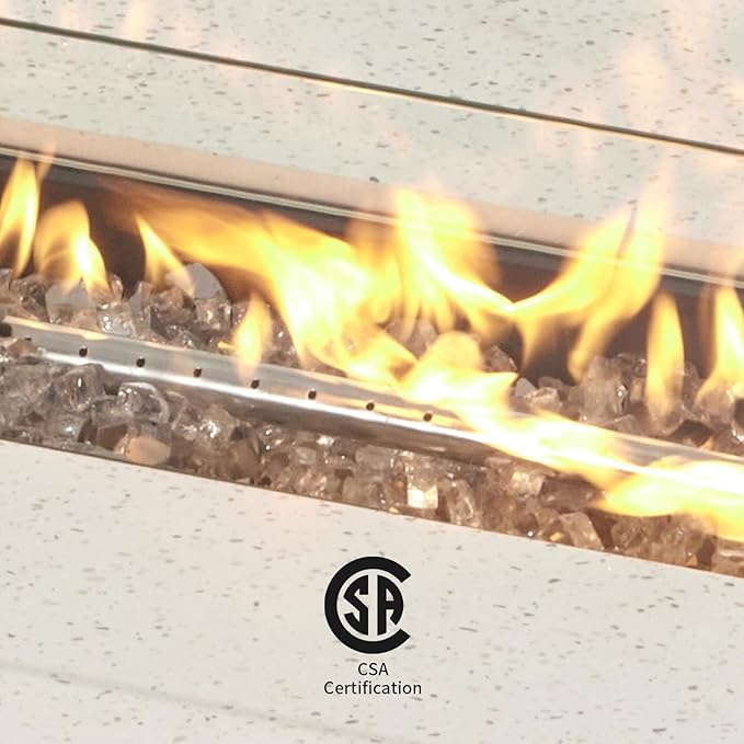 COSIEST Outdoor Propane Fire Pit Table, 56" x 28" Rectangle Terrazzo White Concrete-Like Finish, CSA Certified, 50,000 BTU Stainless Steel Burner w Transparent Gray Fire Glass, Wind Guard, Raincover