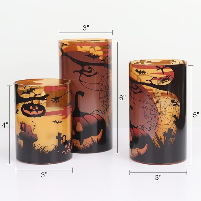 DRomance Pumpkin Glass Flameless Candles with Remote and Timer, Battery Operated Realistic 3D Wick Flickering Real Wax LED Candles Halloween Window Table Holiday Dinner Decor Gifts(3 x 4,5,6 Inches)