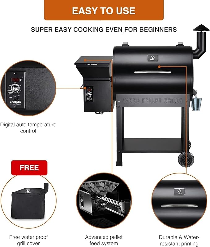 Z GRILLS ZPG-7002B Newly Upgrade Wood Pellet Grill & Smoker, 8 in 1 BBQ Grill Auto Temperature Controls, inch Cooking Area, 700 sq in Black