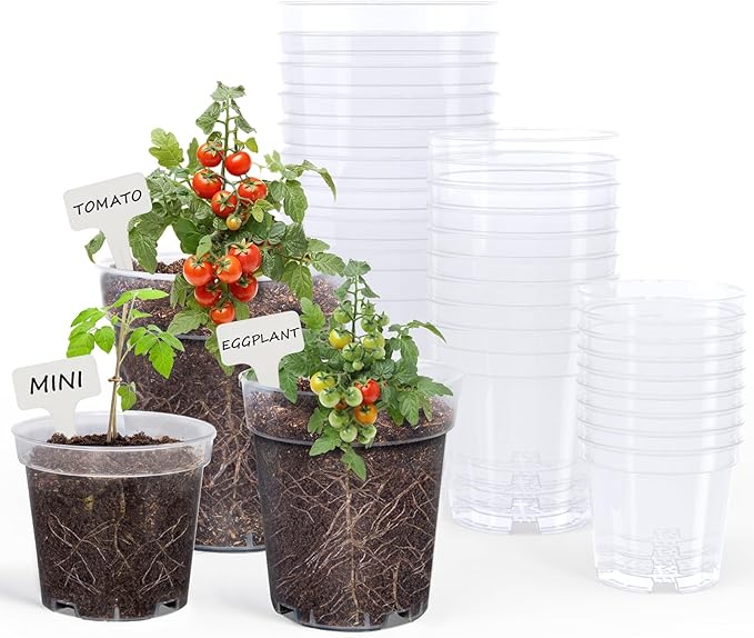 homenote Clear Nursery Pots for Plants,4/5/6.7 Inch Plant Pot for Planting Plastic Seedling Pots with Drainage Holes Seed Starter Pot Flower Pots High Transparency with 20 Plant Labels (30 Pack)