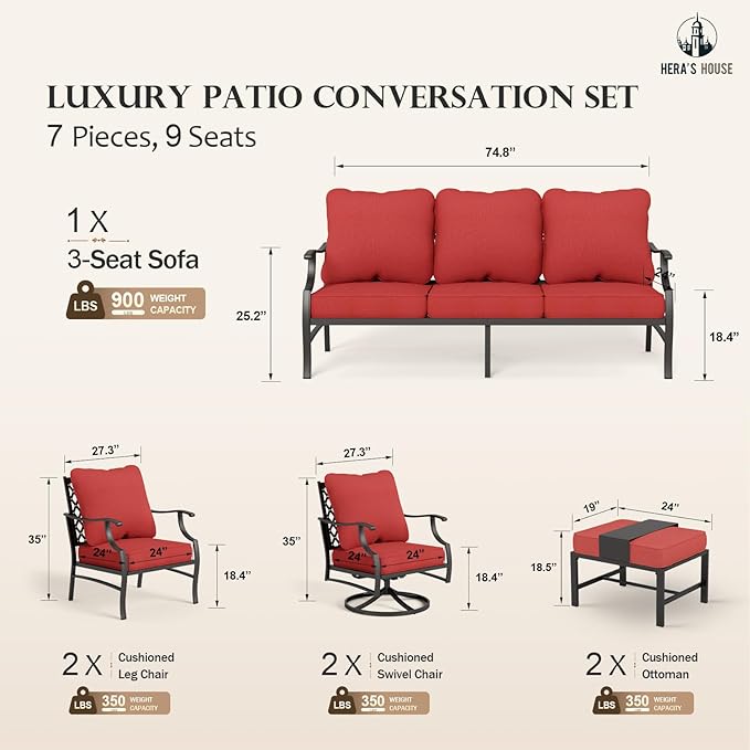 HERA'S HOUSE 7 Piece Patio Furniture Set, 2 x Swivel Chair, 2 x Leg Chair, 2 x Ottoman, 1 x 3-Seat Sofa, All Cushioned 9 Seats Metal Outdoor Conversation Set for Lawn Garden Backyard