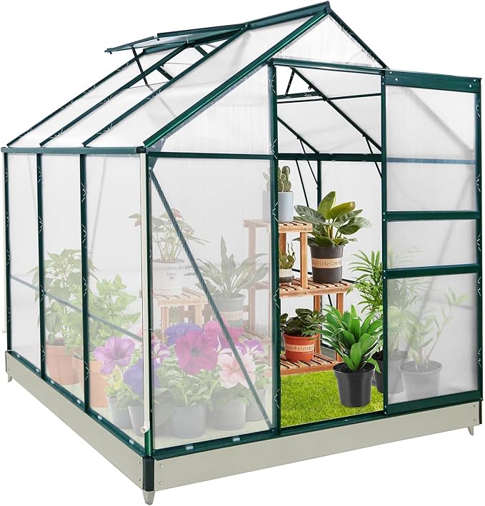 EAGLE PEAK 6x6x7 Outdoor Walk-in Hobby Greenhouse with Adjustable Roof Vent, Rain Gutter, Base and Anchor, Polycarbonate Aluminum Green House for Backyard Garden, Dark Green