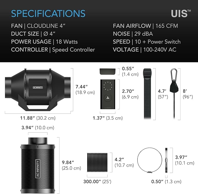 AC Infinity Air Filtration Kit 4”, CLOUDLINE LITE Inline Fan and Carbon Filter Combo, Cooling and Ventilation System for Grow Tents, Hydroponics, Indoor Gardening