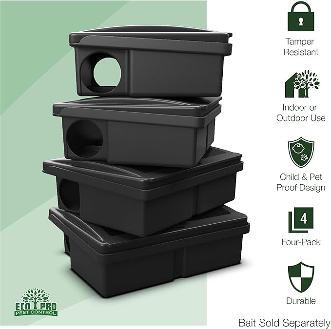 Mouse Bait Station | 4-Pack Indoor & Outdoor Mouse Bait Stations | Bait (Not Included) is Secured by Lock & Key | Pet & Child-Safe Alternative to Mouse Traps | For Mice Only - by Eco Pro Pest Control