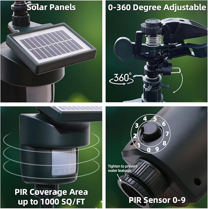 Motion Activated Sprinkler with Solar Panels Deter Animal Cat, Birds, Dogs Repellent Outdoor Lawn Motion Sensor Water Sprinkler for Garden