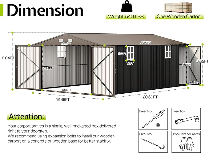 Jocisland 13.2x20.7x8.4 FT Heavy Duty Carport, Metal carport with 2 Lockable Doors & 4 Windows, Carport Canopy for for Car, Truck, Garbage Can, Tool, Lawnmower, Dark Gray