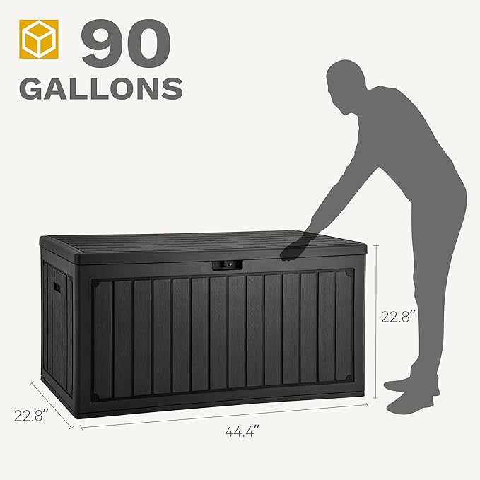 DWVO 90 Gallon Resin Outdoor Storage Box, XXL Double-Wall Waterproof Deck Box, Doubles as Table or Seating with 450 lbs Capacity, Lockable (Black)