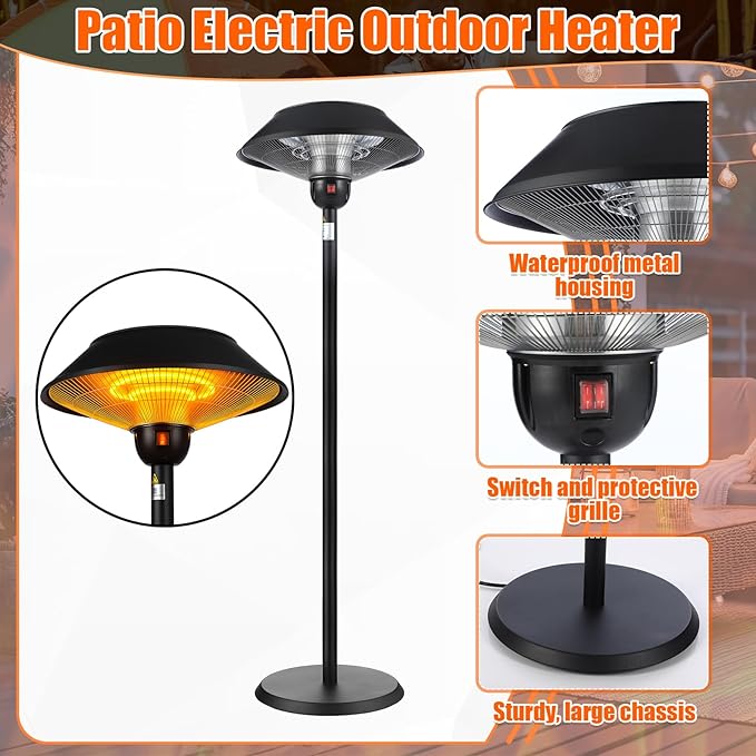 Patio Electric Outdoor Heater Stainless Steel 1500W Standing Infrared Heaters with Dust Cover for Indoor/Outdoor Use, 3 Heat Settings, Fast Heating, Height Adjustable, Tip-Over Protection