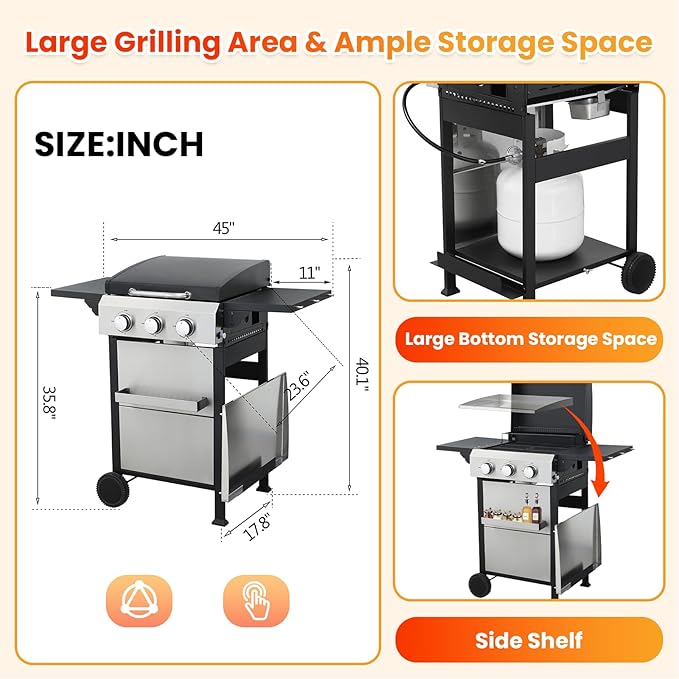 3-Burner Propane Gas BBQ Grill with Porcelain-Enameled Cast Iron Grates, Baking Sheet, 2 Foldable Side Table, 36,900 BTU Stainless Steel Grill for Outdoor Camping Barbecue Grilling Backyard Cooking