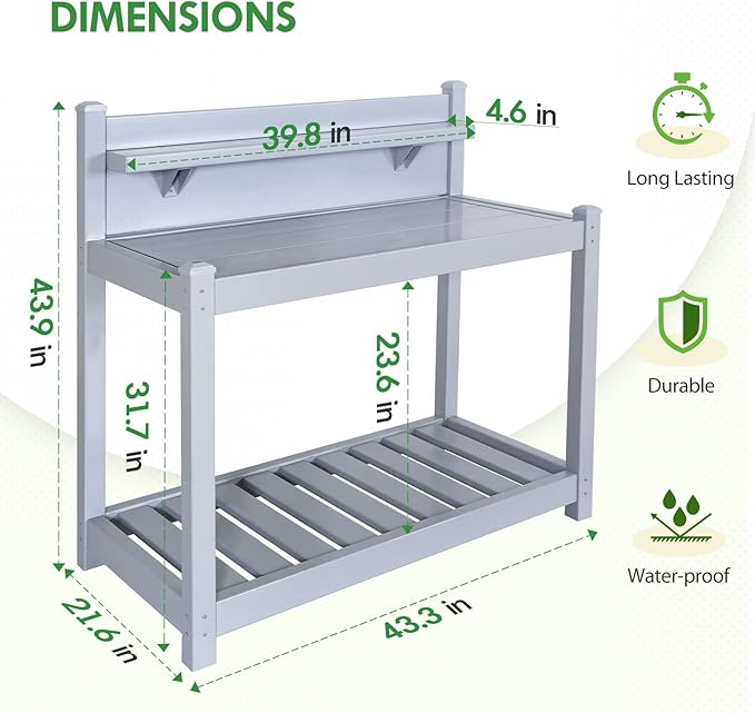 EAGLE PEAK Outdoor Indoor Maintenance Free Vinyl Garden Potting Bench, Waterproof Potting Table with Open Shelf, Lower Storage, 40inx21.6inx43.9in, Gray