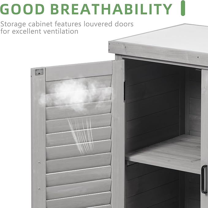 Potting Bench with Storage Cabinet and Metal Table Top for Outdoor Patio, Garden Furniture Wood Workstation (Accent Grey, 31x17x36)