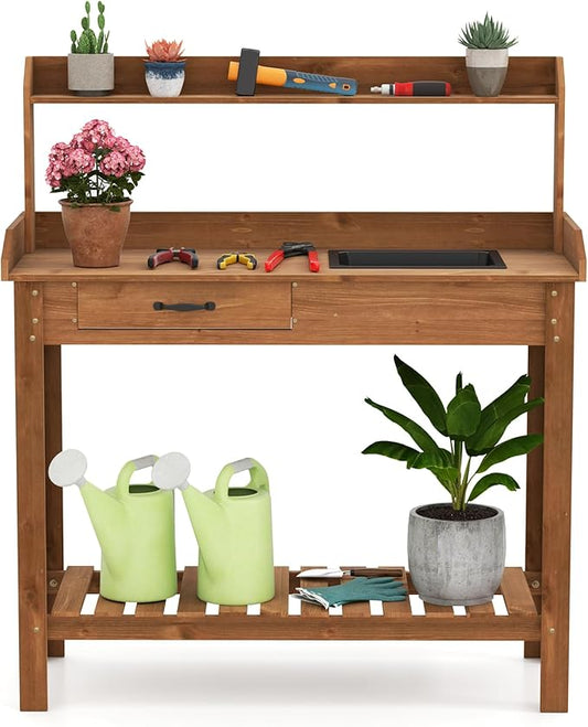 HAPPYGRILL Potting Bench Table, Wooden Work Bench with Removable Sink, Wood Garden Table with Storage Shelves, Drawer, Potting Benches for Outside, Patio Lawn Greenhouse