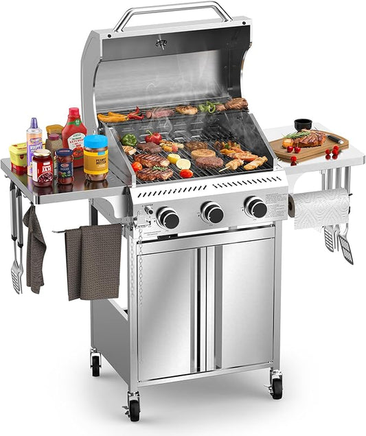 G31 Grill,3-Burner Gas Grill with Folding Shelf,Stainless Steel 24,000 BTU Propane Gas Grill,Outdoor BBQ Grill for Barbecue,Patio,Camping