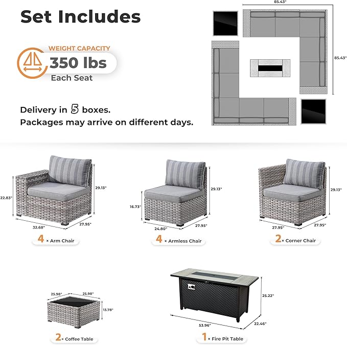 ovios 13 Pieces Patio Furniture Set, Outdoor Wicker Sectional Sofa with 54 Inch Fire Pit Table Comfy Cushions, Modern Modular Deep Seat Rattan Couch Conversation Set, Dark Gray Stripe