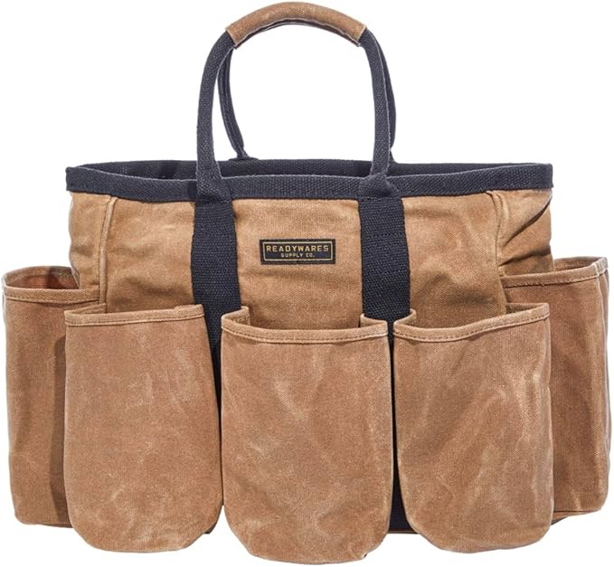 14" Waxed Canvas Supply Bag/Garden Tool Tote/Cleaning Organizer/Mobile Bar/Versatile Storage Tote With Pockets/Utility Bag with Heavy Duty Handles