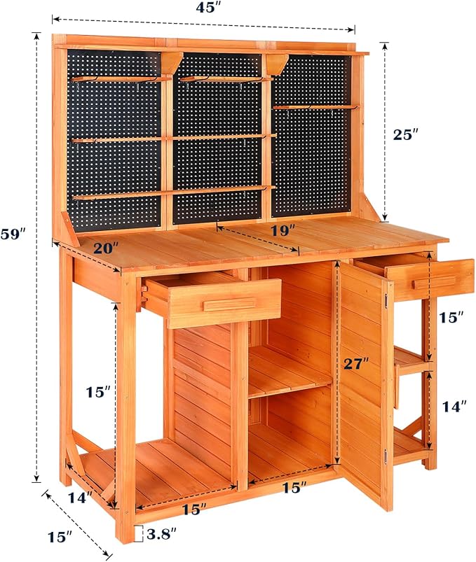 Outdoor Garden Potting Bench, Horticultural Wooden Workstation Table with Storage Drawer, Cabinet, Metal Pegboard, Adjustable Hooks and Shelves for Backyard, Patio, Greenhouse
