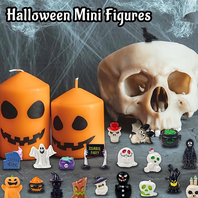 38 Pcs Halloween Mini Resin Figures Tiny Little Pumpkin Ghost Skull Miniature Figurines Bulk for Halloween Party Micro Landscape Fairy Garden Decor