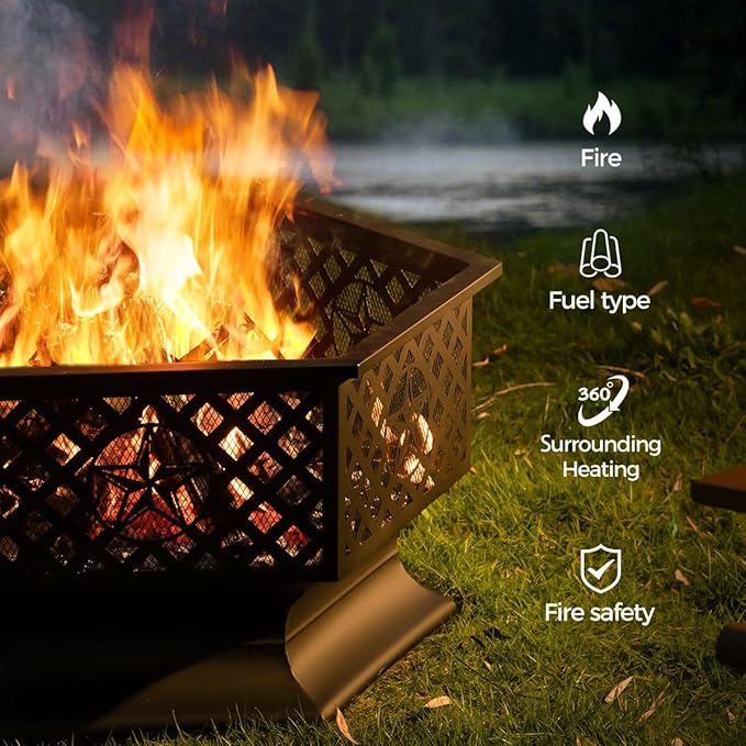 33 Inch Outdoor Fire Pit, Hexagon Shaped Wood Burning Fire pits for Outside, Metal Firepit with Fire Poker&Mesh Cover for Bonfire, Patio, Yard, Garden,Beach and Camping (33'' Black)