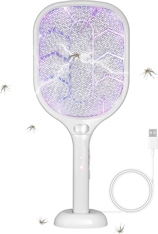 Lulant Electric Fly Swatter Racket,3000V Bug Zapper Racket,1800mA Battery Rechargeable Mosquito Killer, Type-C Rechargeable Base, Three-Layer Protective Safety Mesh for Indoor and Outdoor