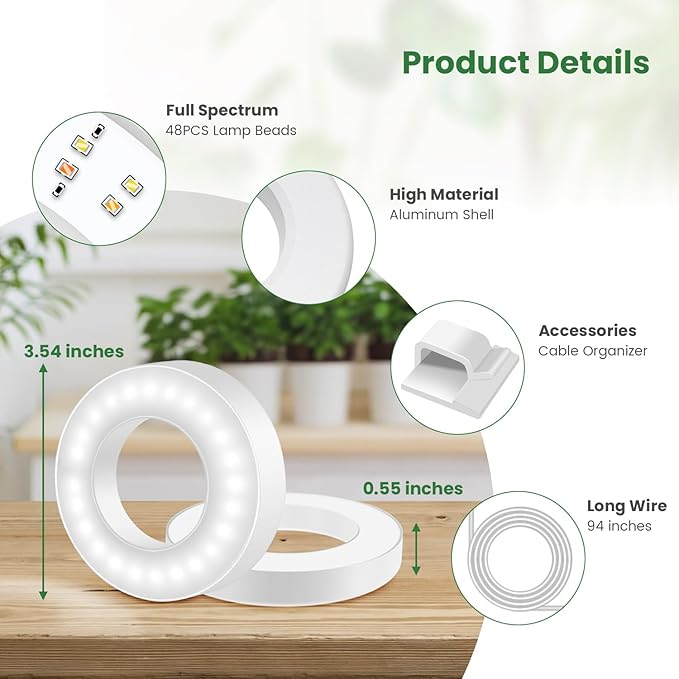 Grow Lights for Indoor Plants, 5000K 96 LEDs Full Spectrum Small Plant Grow Light with 6/12/16H Timer, 3 Color Modes, 3.5" Under Cabinet Grow Lamp for Small Plants, Succulents (2-Head)