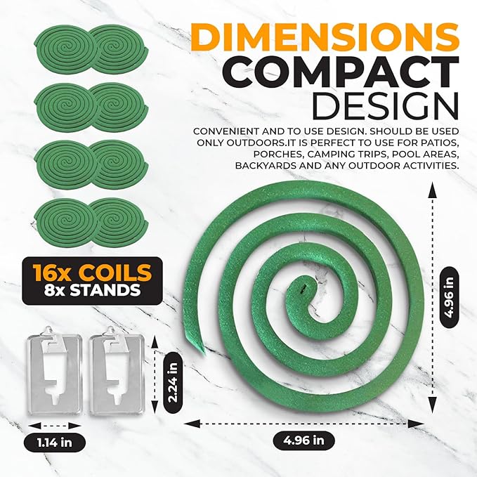 Mosquito Repellent Coils - Outdoor Use Reaches Up to 10 feet - Each Coil Burns for 5-7 Hours (Four in Each Pack Contains Total 16 coils & 8 Coil Stands)