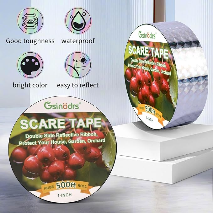 Double Bird Scare Tape Ribbon, Side Reflective Ribbon to Birds from Hitting Windowws and Protect Your House, Garden, Orchard (Silver, 1in * 500FT *2) - No Adhesive, Easy Tie-On Installation