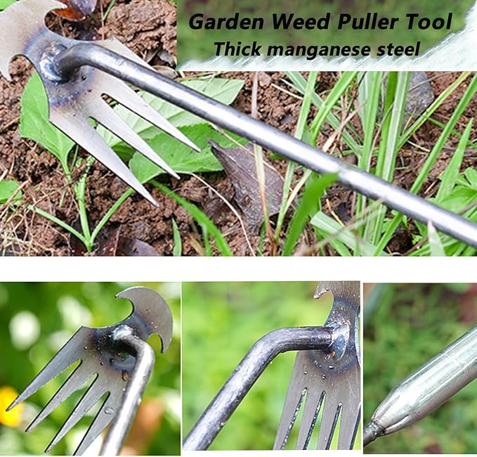 Weeding Artifact Uprooting Weeding Tool Gardening,15.7in Weed Puller Tool,4 Teethes Manganese Steel Weed Puller Garden Hand Manual Weeder Tools, Weed Picker Grass Remover Tool (Silver)